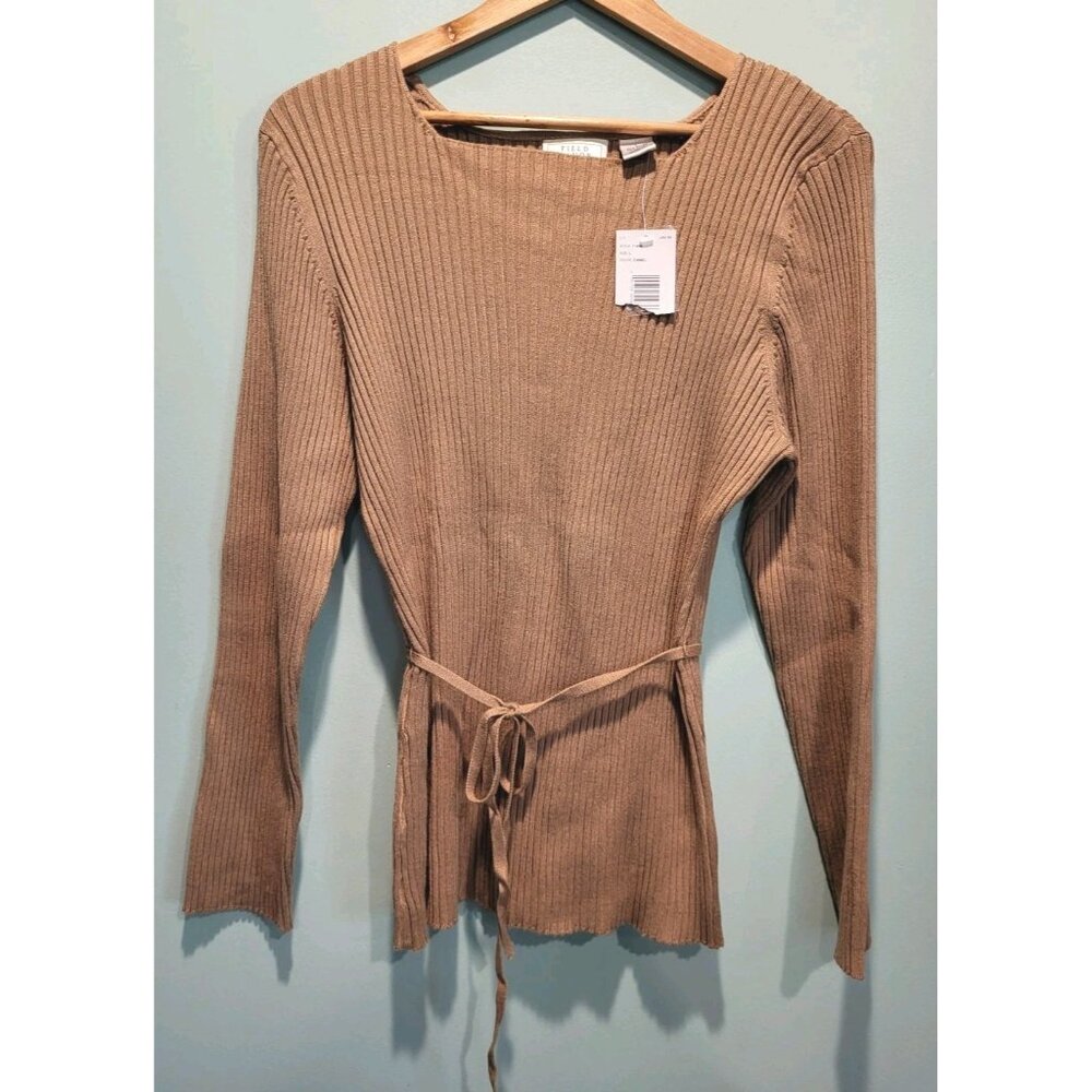 New Tan Fitted Rib Knit Belted Long Sleeve Stretchy Top Office Field Manor Sz L